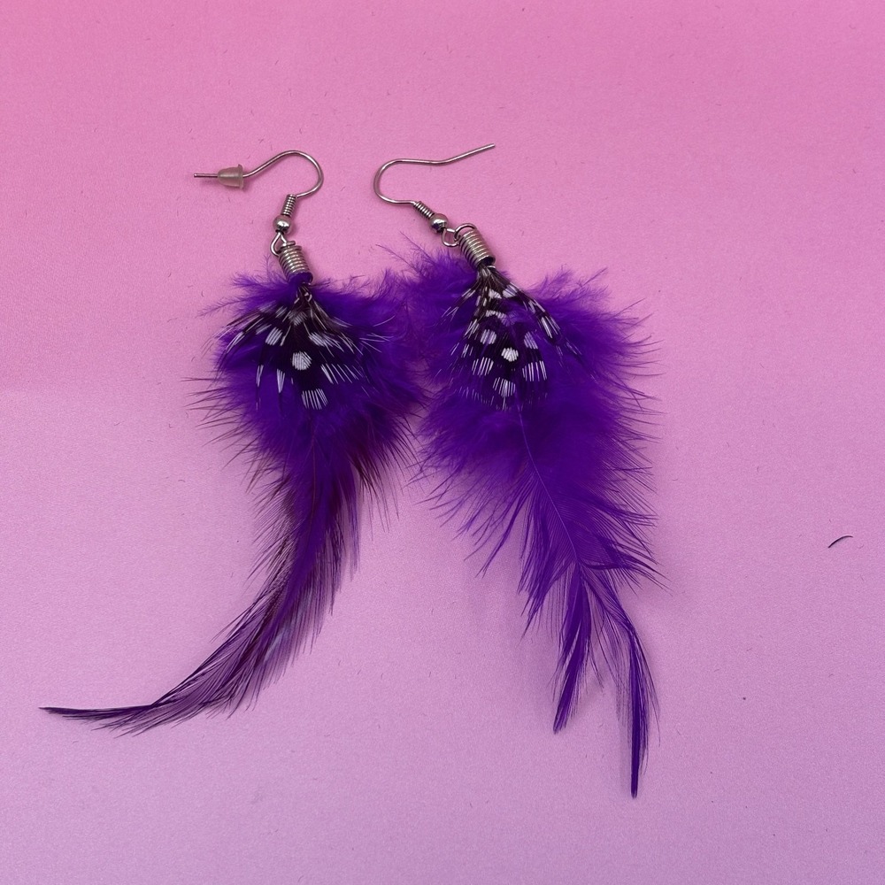 Purple Feather Dangle Earrings Silver Tone Boho Festival Statement Lightweight